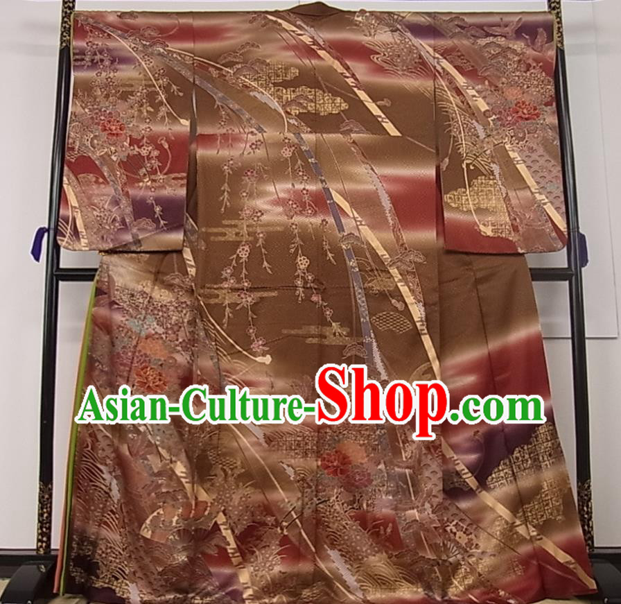 Japanese Male Homongi Kimono Clothing Traditional Brown Yukata Robe Royal Pattern Apparel