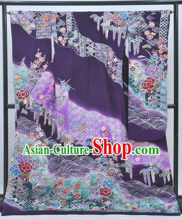 Japan Tokyo Wedding Purple Yukata Dress Traditional Wisteria Peony Pattern Furisode Kimono Clothing Royal Empress Wafuku Garment Costume