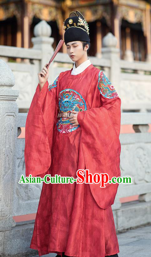 China Ming Dynasty Emperor Garment Costume Traditional Embroidered Red Dragon Robe Ancient Official Hanfu Clothing