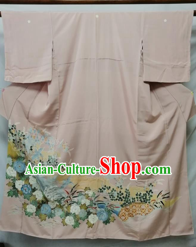 Japan Kyoto Printing Beige Yukata Dress Traditional Peony Pattern Uchikake Kimono Clothing Young Woman Garment Costume