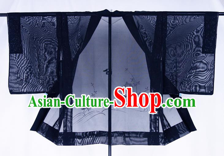 Japanese Traditional Black Silk Kimono Jacket Classical Platycodon Pattern Overcoat Apparel Male Haori Outer Garment Clothing