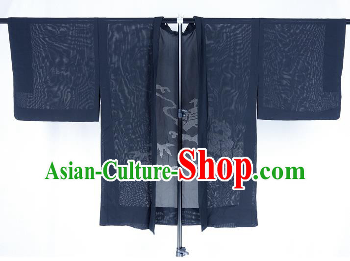 Japanese Classical Bamboo Pattern Overcoat Apparel Male Haori Outer Garment Clothing Traditional Black Silk Kimono Jacket