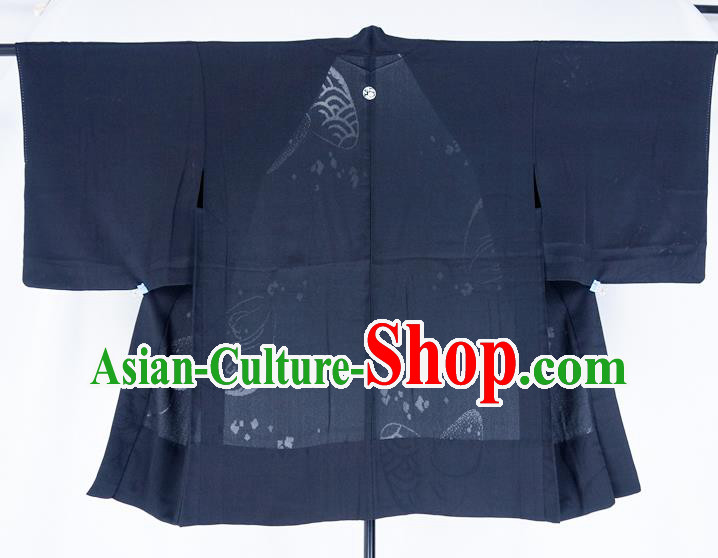 Japanese Male Haori Outer Garment Clothing Traditional Kimono Overcoat Jacket Classical Pattern Navy Silk Apparel