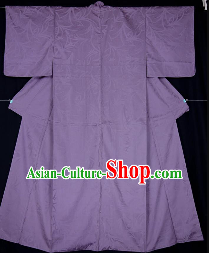 Japan Elderly Woman Garment Costume Traditional Purple Silk Yukata Dress Classical Branch Pattern Iromuji Kimono Clothing