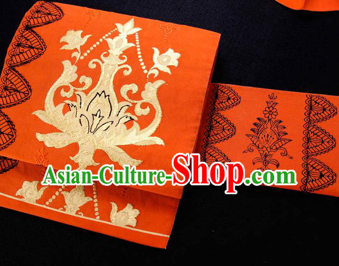 Japanese Classical Flowers Pattern Nagoya Waistband Kimono Dress Corset Accessories Traditional Yukata Orange Belt