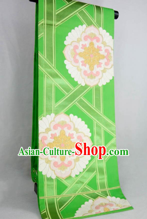 Japanese Kimono Dress Corset Accessories Traditional Yukata Green Brocade Belt Classical Peony Pattern Waistband