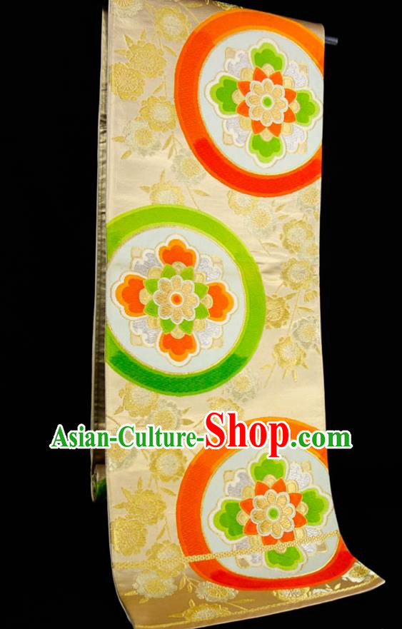 Japanese Kimono Dress Corset Accessories Traditional Yukata Robe Light Yellow Brocade Belt Classical Flowers Pattern Wafuku Waistband