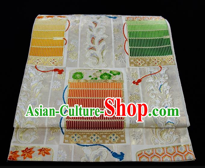 Japanese Classical Pattern Wafuku Waistband Kimono Dress Corset Accessories Traditional Yukata Robe Beige Brocade Belt