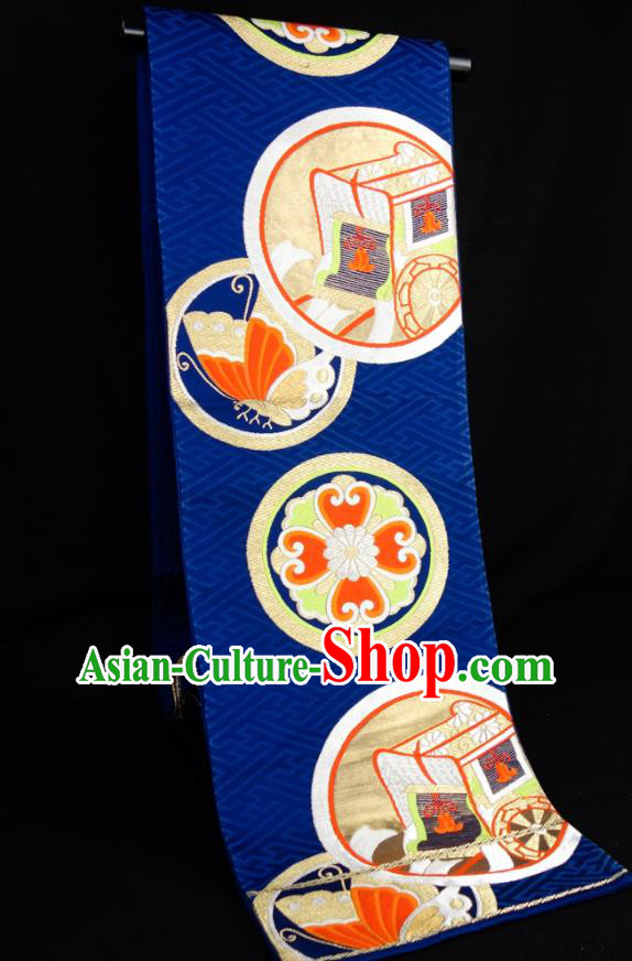Japanese Traditional Yukata Robe Royalblue Brocade Belt Classical Butterfly Pattern Wafuku Waistband Kimono Dress Corset Accessories
