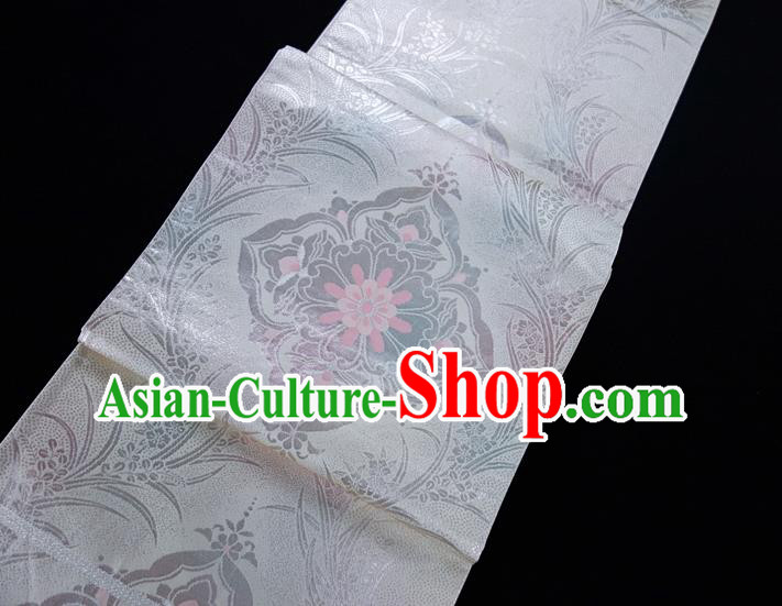 Japanese Classical Grass Pattern Wafuku Waistband Kimono Dress Nagoya Corset Accessories Traditional Yukata Robe White Brocade Belt