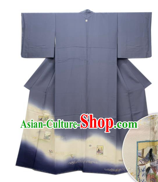 Japan Elderly Woman Garment Costume Traditional Printing Grey Yukata Dress Classical Character Pattern Uchikake Kimono Clothing