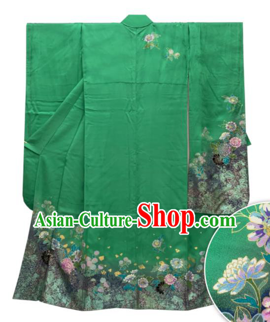 Japan Classical Daisy Pattern Furisode Kimono Clothing Wedding Garment Costume Traditional Bride Green Yukata Dress