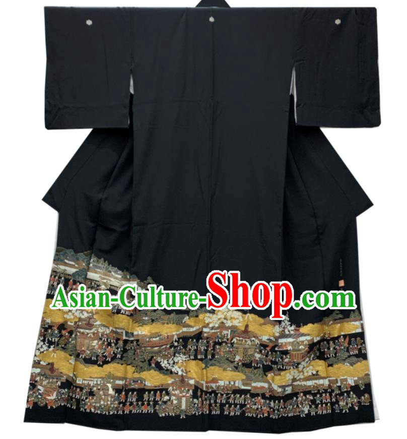 Japan Traditional Gion Matsuri Black Yukata Dress Classical Character Pattern Kurotomesode Kimono Clothing Young Woman Garment Costume