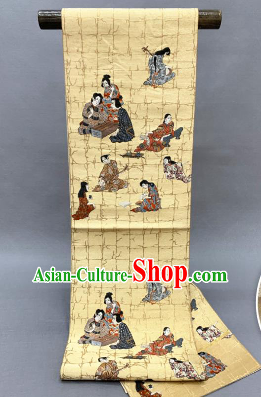 Japanese Classical Beauty Pattern Wafuku Waistband Kimono Dress Corset Accessories Traditional Yukata Robe Yellow Brocade Belt