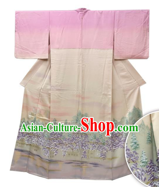Japan Young Woman Garment Costume Traditional Pink Yukata Dress Classical Paysage Pattern Homongi Kimono Clothing
