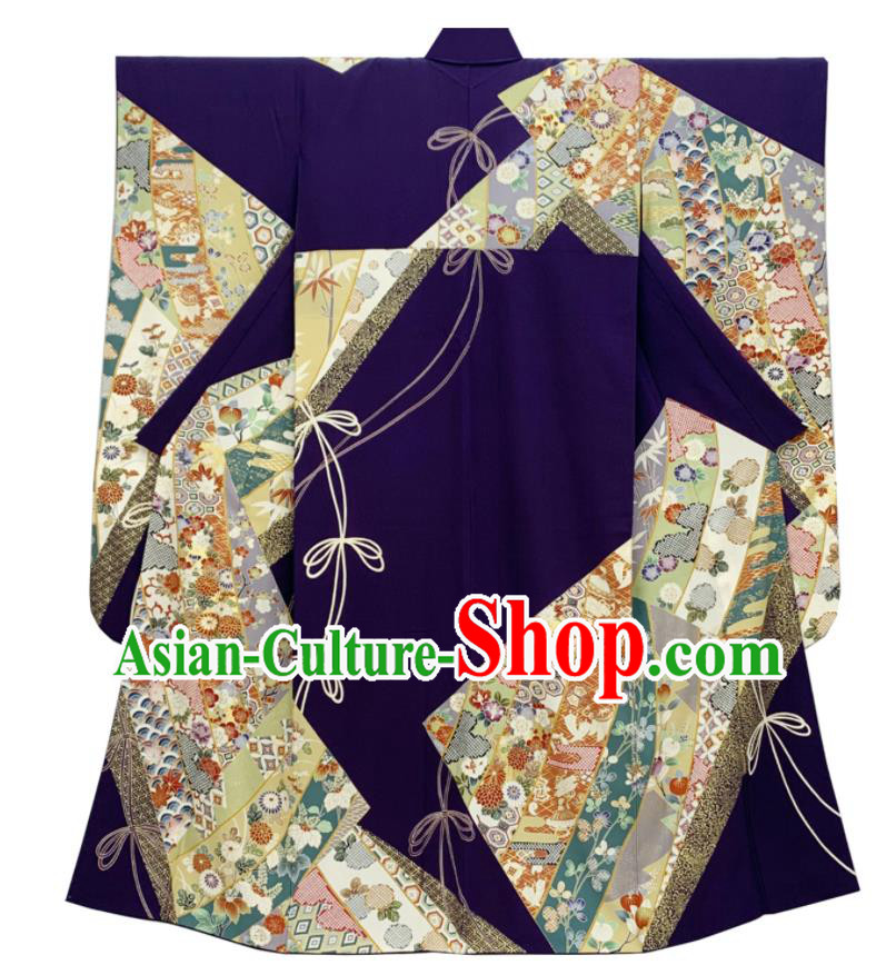 Japan Classical Flowers Pattern Furisode Kimono Clothing Wedding Bride Garment Costume Traditional Court Purple Yukata Dress