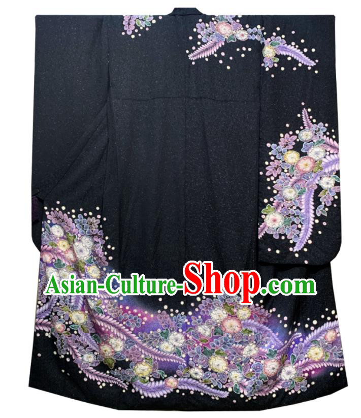 Japan Court Wedding Garment Costume Traditional Black Yukata Dress Classical Flowers Pattern Furisode Kimono Clothing