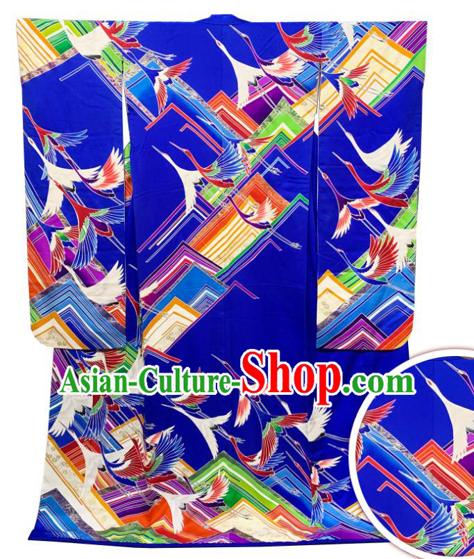 Japan Classical Cranes Pattern Furisode Kimono Clothing Court Bride Garment Costume Traditional Wedding Royalblue Yukata Dress