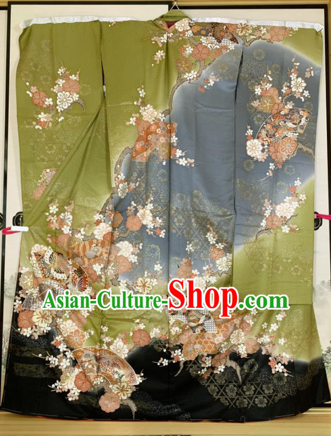 Japan Traditional Geisha Olive Green Yukata Dress Classical Sakura Pattern Furisode Kimono Clothing Wedding Bride Garment Costume