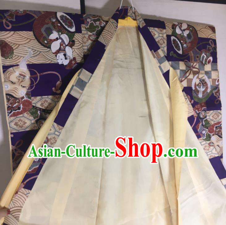 Japan Ancient Warrior Clothing Boys Kimono Costume Traditional Cranes Pattern Purple Yukata Robe