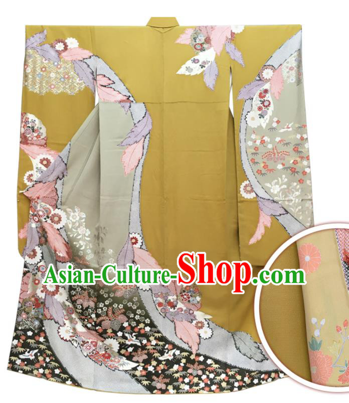 Japan Traditional Wedding Ginger Yukata Dress Classical Flowers Pattern Furisode Kimono Clothing Bride Garment Costume