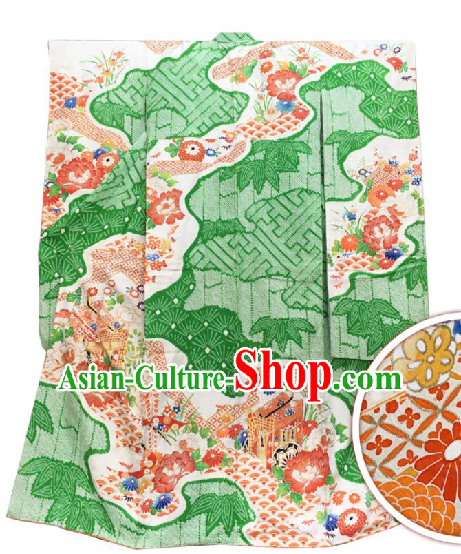 Japan Classical Peony Flowers Pattern Furisode Kimono Clothing Court Woman Garment Costume Traditional Green Yukata Dress