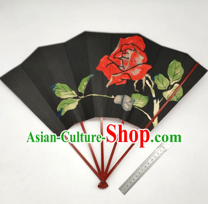 Japanese Traditional Stage Performance Folding Fan Classical Dance Accordion Hand Painting Rose Black Silk Fan