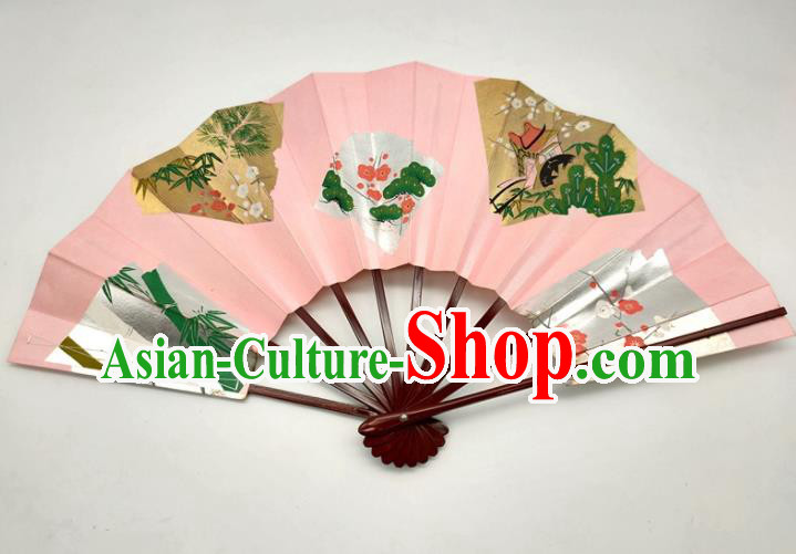 Japanese Stage Performance Accordion Handmade Printing Plum Bamboo Pink Fan Traditional Geisha Dance Folding Fan