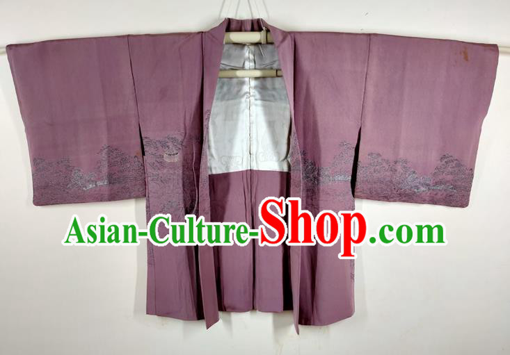 Japanese Classical Landscape Pattern Lilac Silk Overcoat Apparel Male Haori Jacket Clothing Traditional Kimono Outer Garment