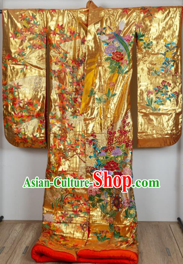 Japan Wedding Bride Embroidered Garment Costume Traditional Court Empress Golden Yukata Dress Classical Peacock Peony Pattern Uchikake Kimono Clothing
