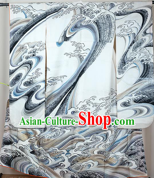 Japan Classical Waves Pattern Furisode Kimono Clothing Court Woman Garment Costume Traditional Yukata Dress