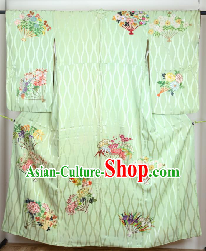 Japan Traditional Embroidered Green Yukata Dress Classical Flowers Fan Pattern Homongi Kimono Clothing Court Woman Garment Costume