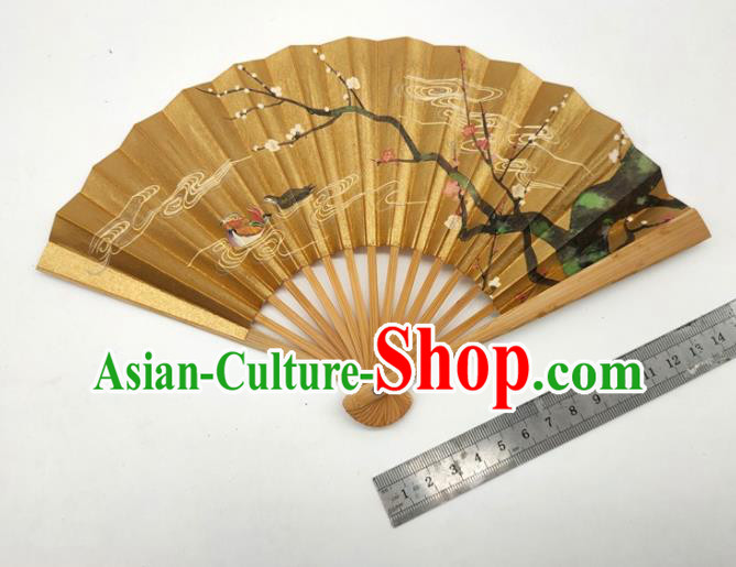 Japanese Hand Painting Plum Blossom Fan Traditional Stage Performance Golden Folding Fan Classical Dance Accordion