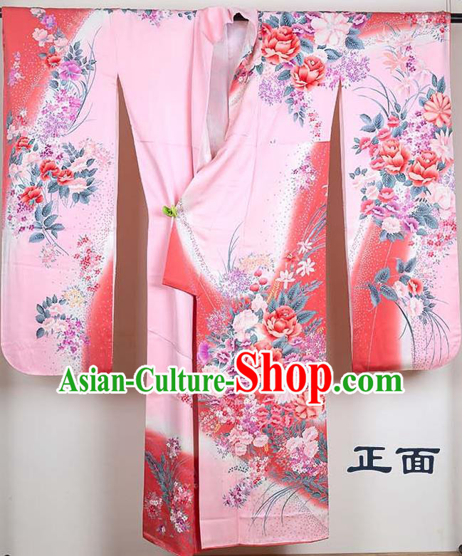 Japan Young Woman Garment Costume Traditional Pink Silk Yukata Dress Classical Peony Fan Pattern Furisode Kimono Clothing