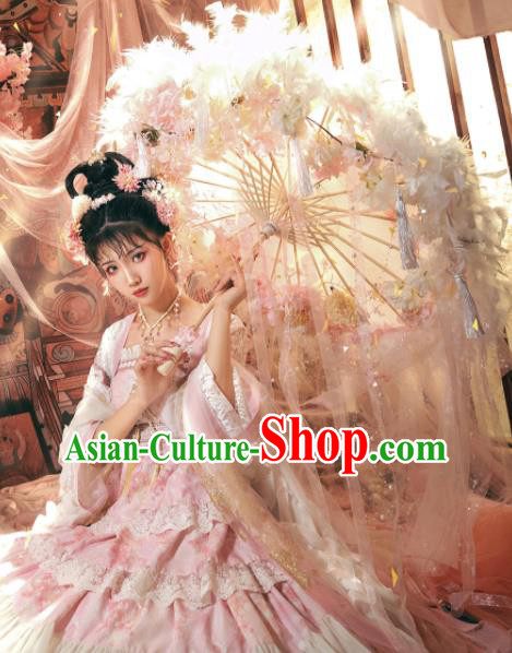 Handmade China Ancient Princess Umbrellas Pink Feather Umbrella Classical Dance Umbrella Cosplay Fairy Ribbon Tassel Umbrella