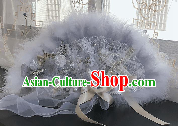 Handmade Cosplay Fairy Fan Baroque Princess Grey Feather Fan Wedding Fan Bride Lace Folding Fan