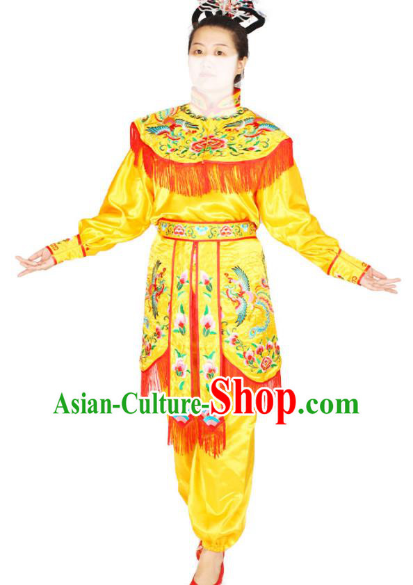Chinese Beijing Opera Heroine Garment Costumes Peking Opera Female Warrior Yellow Uniforms Traditional Opera Woman Soldier Clothing