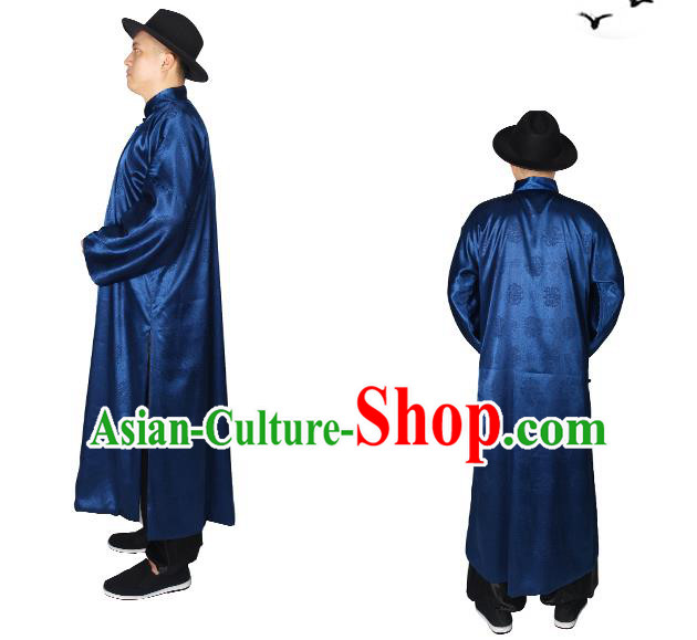 China Ancient Bridegroom Costume Minguo Male Clothing Traditional Wedding Navy Long Robe