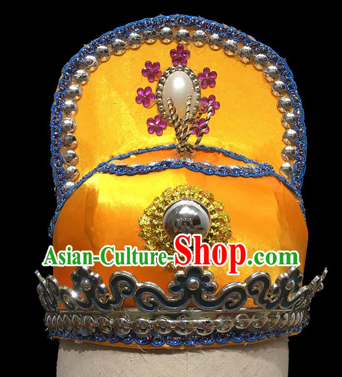 Chinese Handmade Opera Young Male Headdress Ancient Emperor Headwear Beijing Opera Prince Yellow Hat