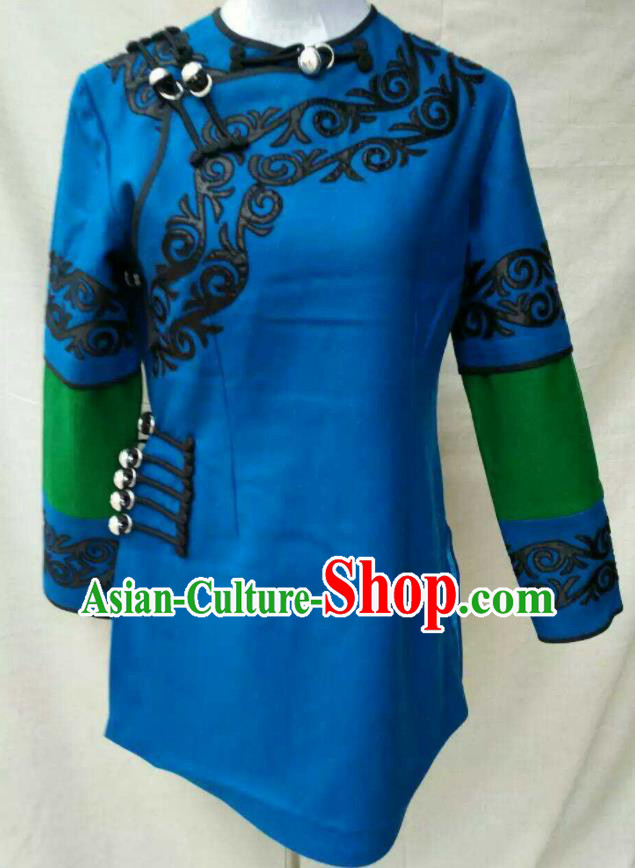 Chinese Yi Nationality Dance Blue Jacket Ethnic Folk Dance Clothing Liangshan National Minority Woman Upper Outer Garment