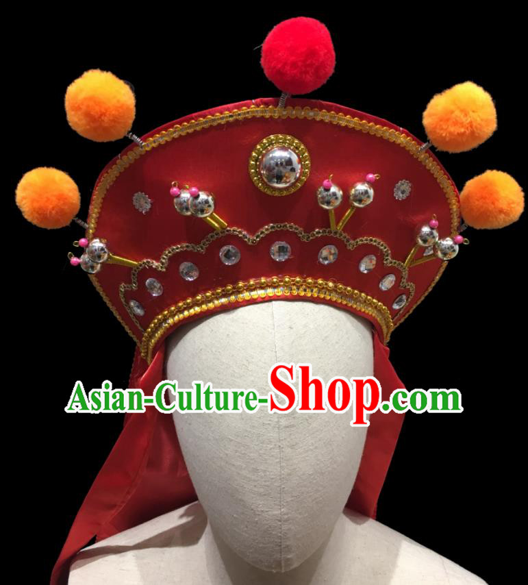 Chinese Ancient Imperial Bodyguard Helmet Headwear Beijing Opera Wusheng Red Hat Handmade Opera Swordsman Headdress