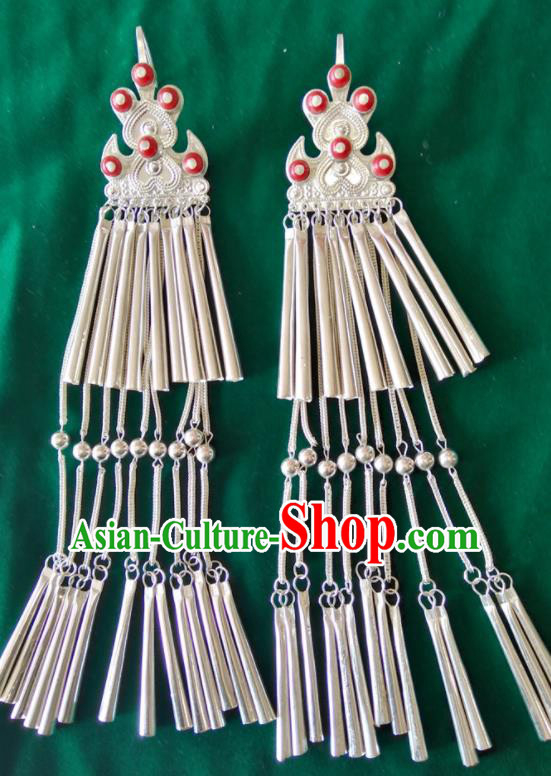 Chinese Yi Minority Female Silver Jewelry Liangshan Ethnic Folk Dance Long Tassel Earrings Handmade Yi Nationality Ear Accessories
