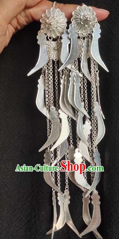 Chinese Handmade Yi Nationality Ear Accessories Yi Minority Female Silver Jewelry Liangshan Ethnic Folk Dance Long Tassel Earrings