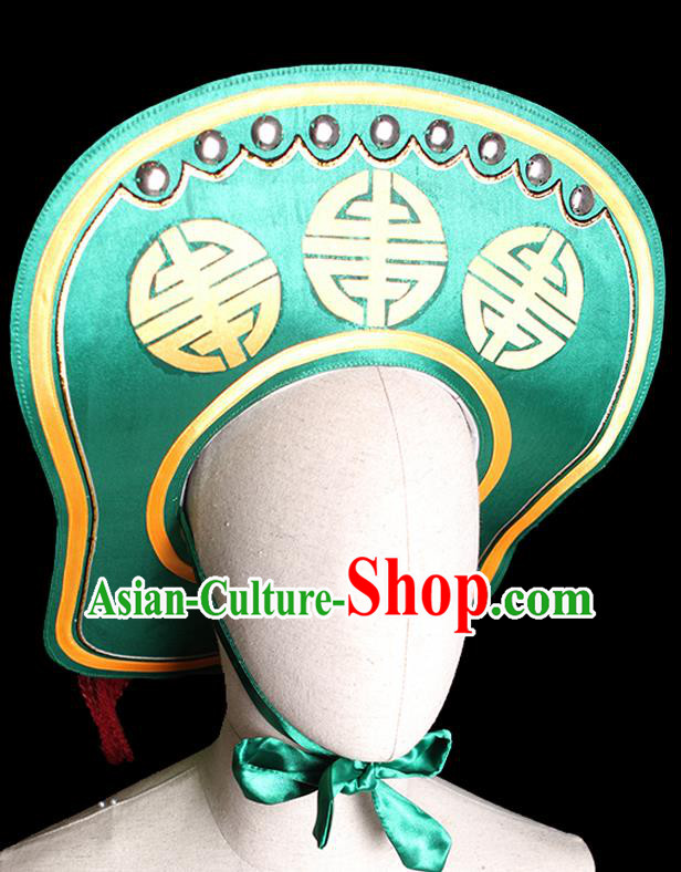 Chinese Beijing Opera Hero Lin Chong Headwear Ancient Swordsman Green Hat Peking Handmade Chaozhou Opera Soldier Headdress