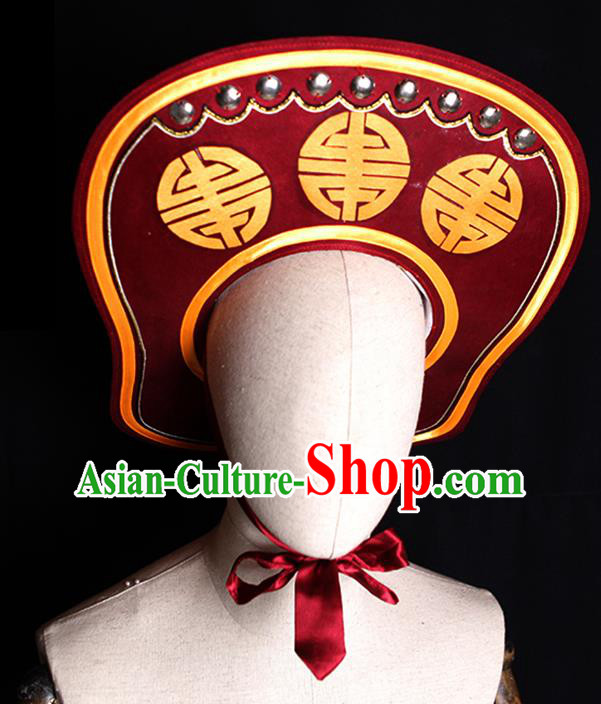 Chinese Handmade Chaozhou Opera Soldier Headdress Beijing Opera Hero Lin Chong Headwear Ancient Swordsman Wine Red Hat
