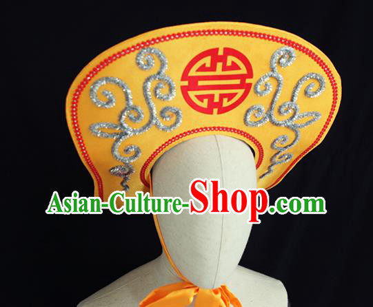 Chinese Ancient Swordsman Yellow Hat Handmade Chaozhou Opera Soldier Headdress Beijing Opera Hero Lin Chong Headwear
