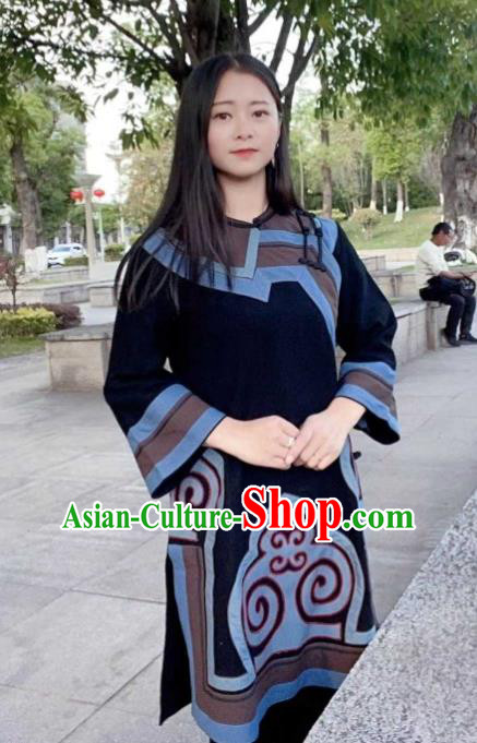 Chinese Yi Nationality Dance Clothing Ethnic Garment Costume Liangshan National Minority Woman Black Flax Shirt
