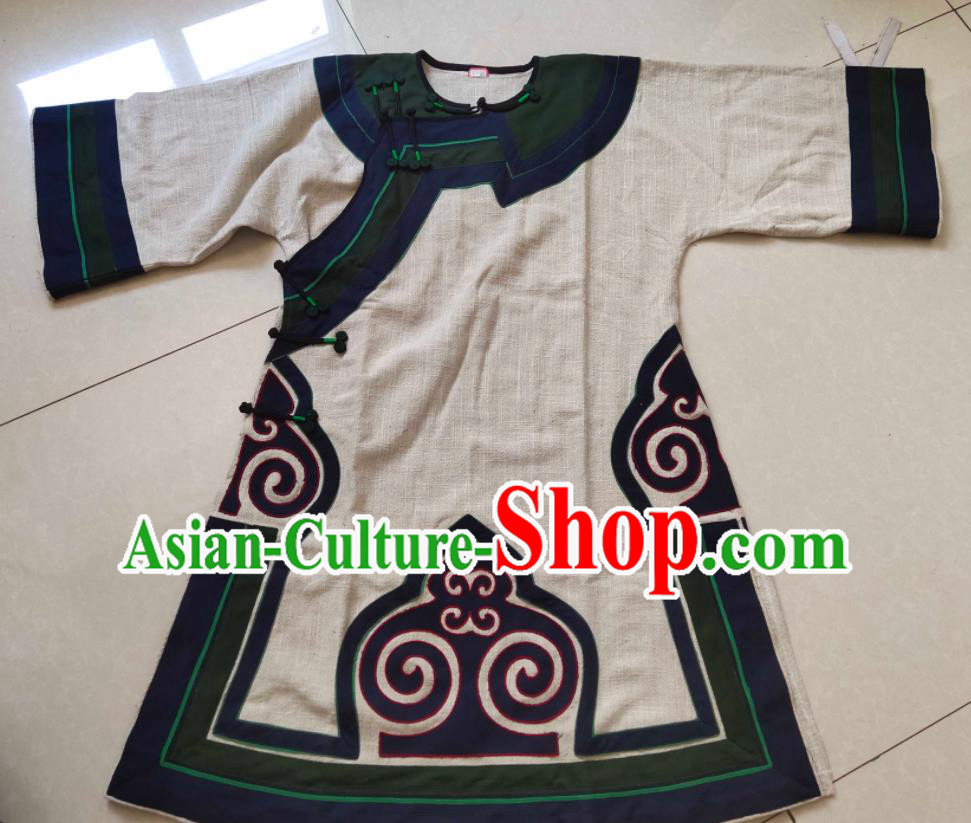Chinese Yi Nationality Khaki Flax Long Shirt Ethnic Woman Garment Costume Liangshan National Minority Dance Clothing