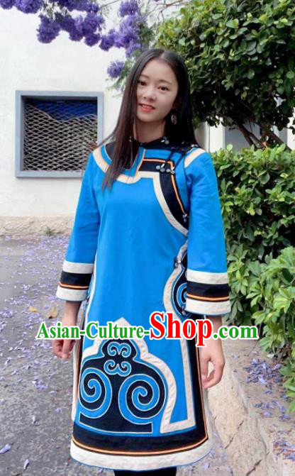 Chinese Yi Nationality Folk Dance Outer Garment Ethnic Woman Clothing Liangshan National Minority Blue Flax Jacket