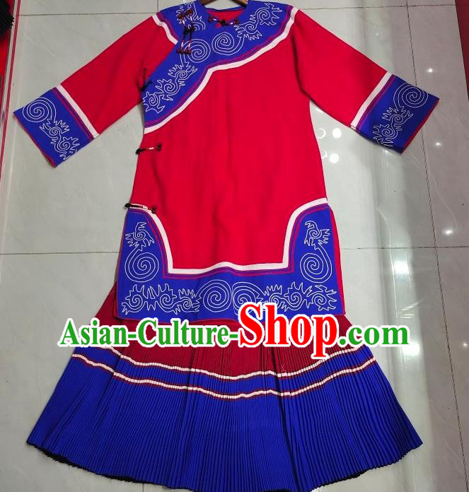 Chinese Ethnic Folk Dance Clothing Liangshan National Minority Red Flax Uniforms Yi Nationality Female Costumes